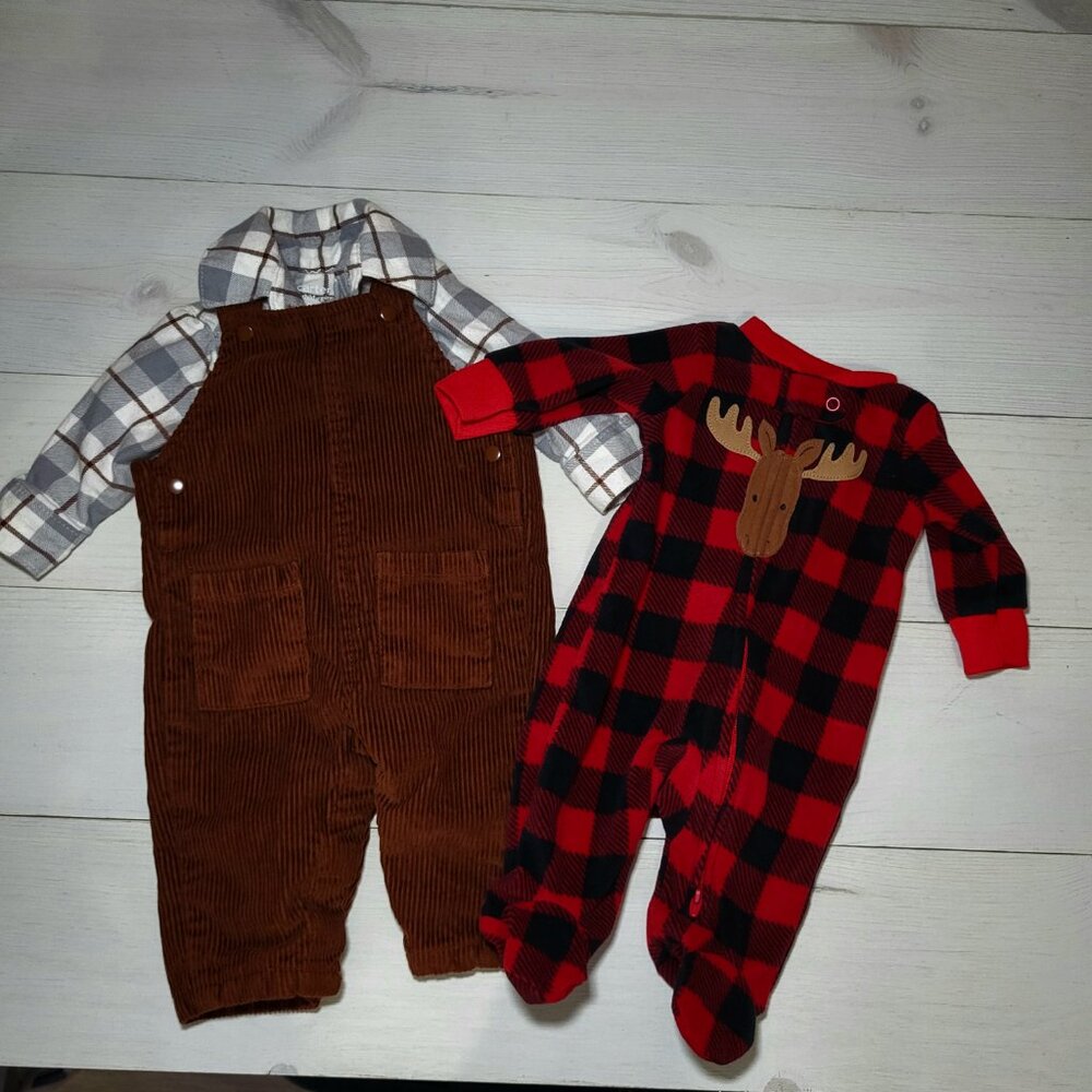 Carter's Infant Boy Set Bundle Corduroy Overalls Flannel Shirt Fleece Sleeper